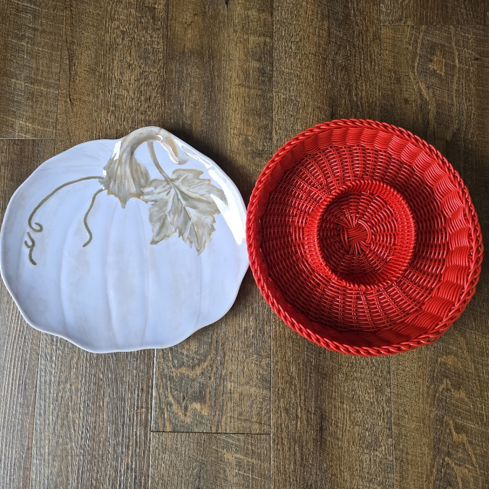 Pumpkin Serving Platter and Red Chip Dip Tray Set